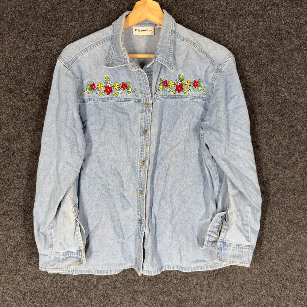 C.D. Petites Shirt Women M Medium Blue Floral Denim Button Up Collared Casual